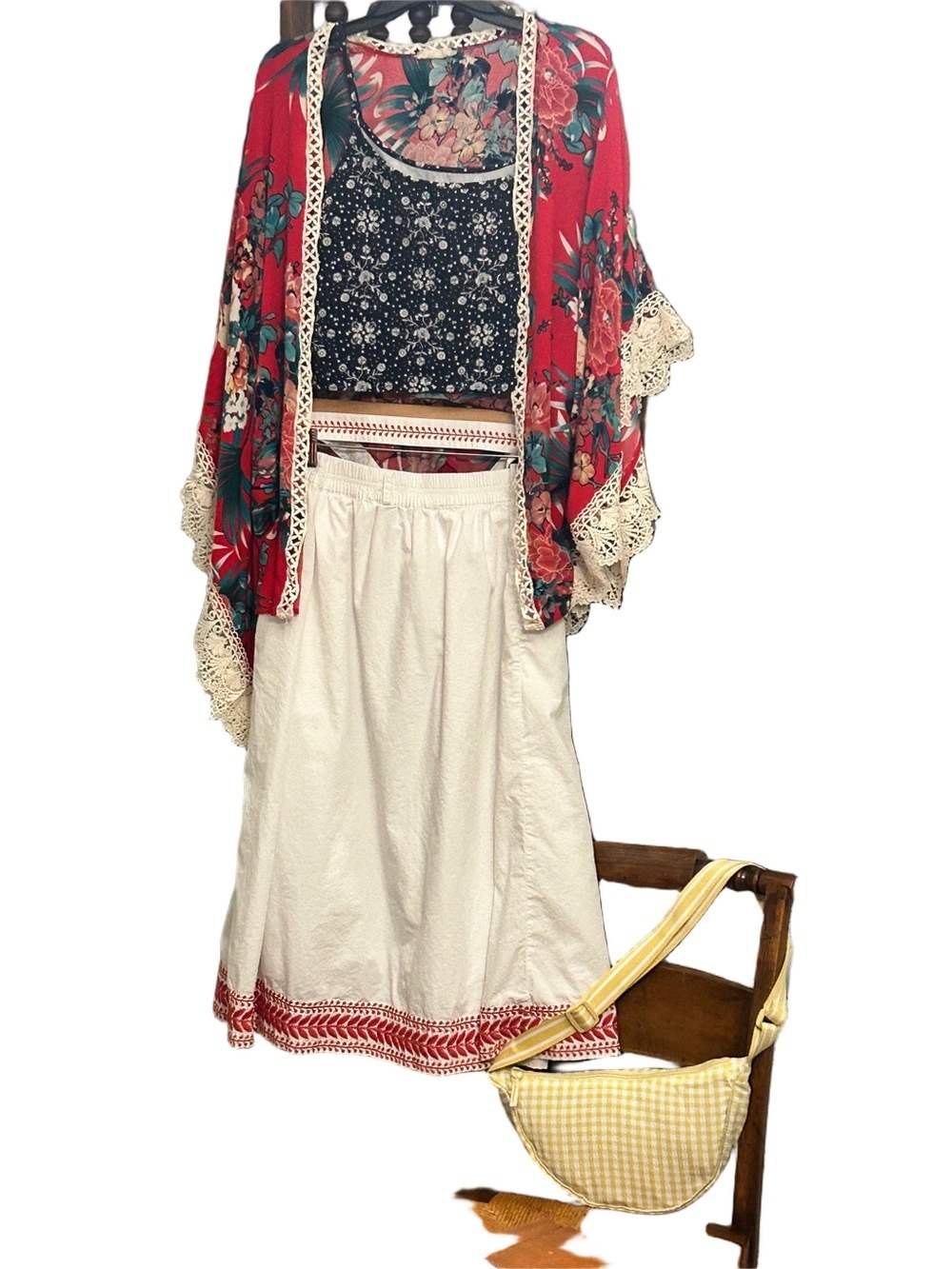 J Crew White Cotton Maxi Skirt Size L Scarlet Red Embroidery Sash Belt Lined - Picture 11 of 16